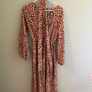 MITILLY Women's Boho Leopard Print Ruffle Long Sleeve V Neck Maxi Dress